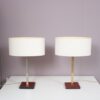 L5486 1960s Pair of table lamp on leather with brass and fabric shade, Belgium