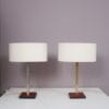 L5486 1960s Pair of table lamp on leather with brass and fabric shade, Belgium