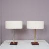 L5486 1960s Pair of table lamp on leather with brass and fabric shade, Belgium