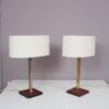 L5486 1960s Pair of table lamp on leather with brass and fabric shade, Belgium