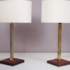 L5486 1960s Pair of table lamp on leather with brass and fabric shade, Belgium