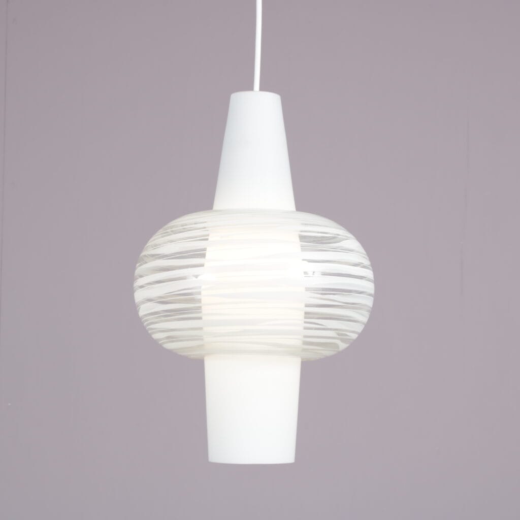 L4940 1950s Milk glass with clear glass hanging lamp Louis Kalff Philips, Netherlands