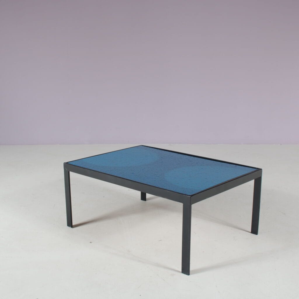 m28109 1960s Small rectangular coffee table, black metal with blue enameled top / Netherlands
