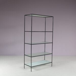 m28150 1960s Abstracta system cabinet in black metal with blurred glass shleves Poul Cadovius Royal System, Denmark