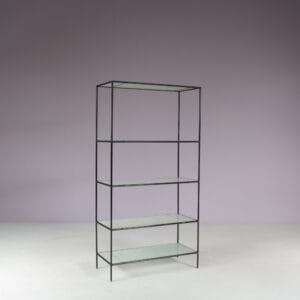 m28149 1960s Abstracta system cabinet in black metal with blurred glass shleves Poul Cadovius Royal System, Denmark
