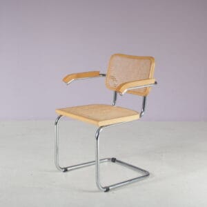 m28165 1970s Cesca chair with armrests on chrome plated metal base with webbing upholstery Italy