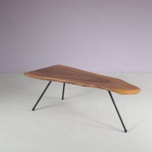 m28157 1950s Treetrunk coffee table on three legged metal base in Aubock style Austria