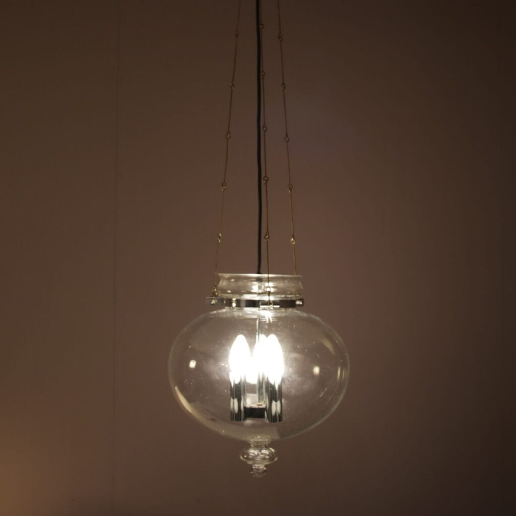 2511 1 (60) L5499-500 1960s Clear glass hanging lamp with three chains and bulbs Herbert Proft Glashütte Limburg, Germany