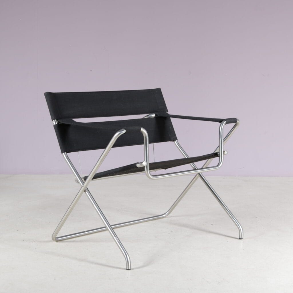 m28200 1980s Edition of 1930s D4 Folding chair in matted chrome with black fabric Marcel Breuer Tecta, Germany