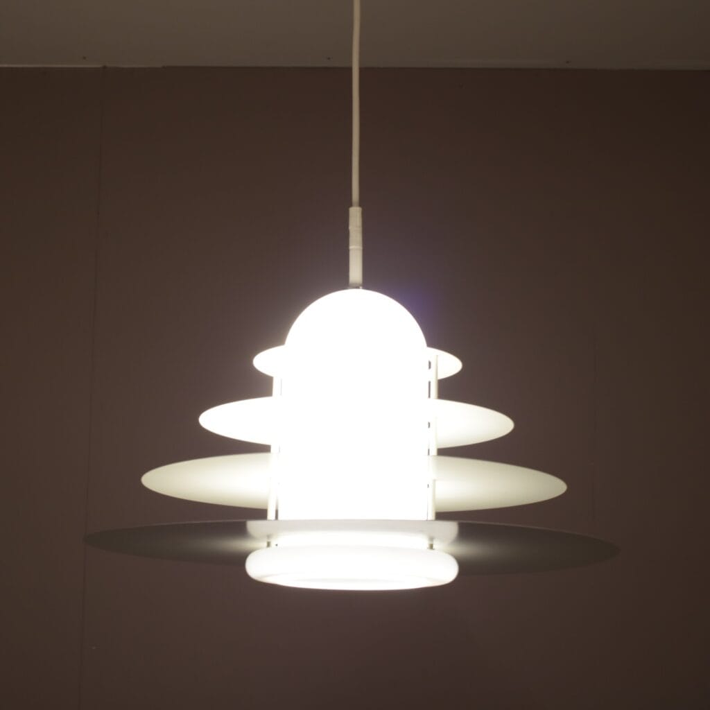 L5501 1980s Hanging lamp in white metal with milk glass model B1017 André Rotte Raak, Netherlands