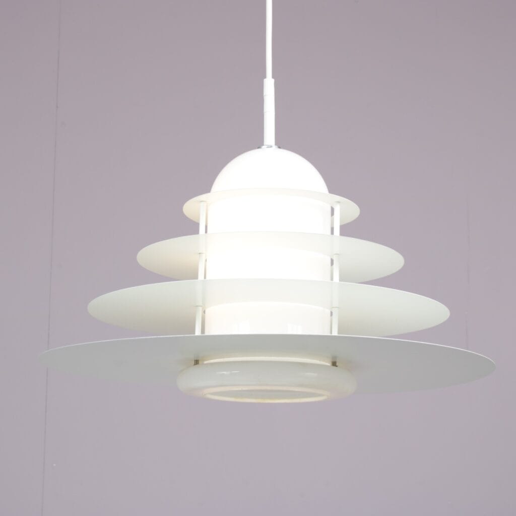 L5501 1980s Hanging lamp in white metal with milk glass model B1017 André Rotte Raak, Netherlands