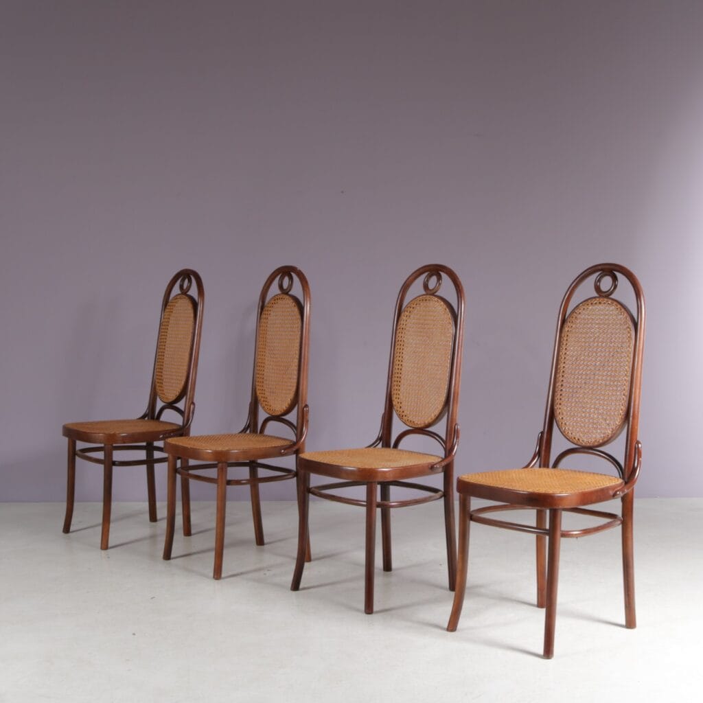 m28217 1950s Set of 4 Long John chairs by FMG, Poland