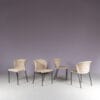 m28077 1950s Set of 4 dining chairs on black metal base with wicker upholstery, Netherlands