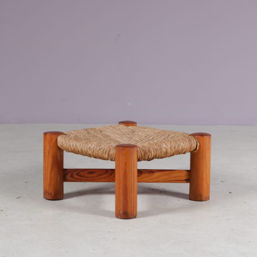 m28212 1950s Low stool in pine wood with rush Wim den Boon, Netherlands