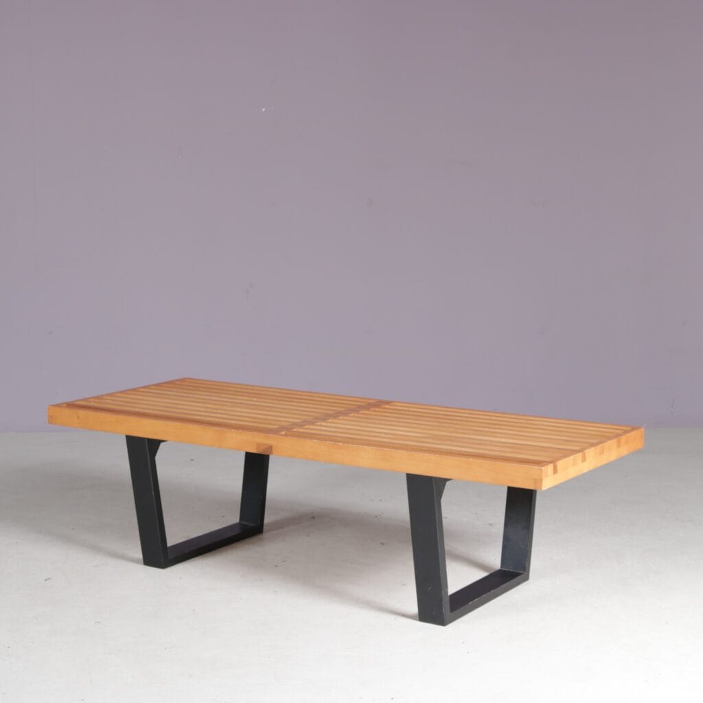 m28233 1970s Small walnut wooden bench George Nelson stickered Bebob, Netherlands