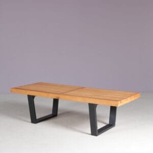 m28233 1970s Small walnut wooden bench George Nelson stickered Bebob, Netherlands