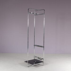 m28275-6 1980s Free standing coat rack in chrome plated pipe frame with black glass Thonet, Austria