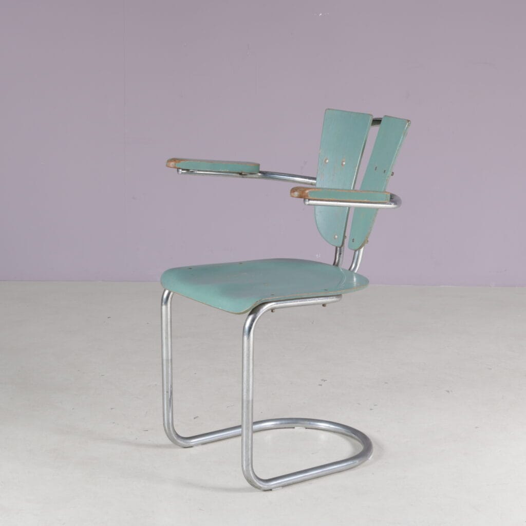 m28265 1950s Rare chrome metal pipe frame with wood side chair Lemafa Den Haag, Netherlands
