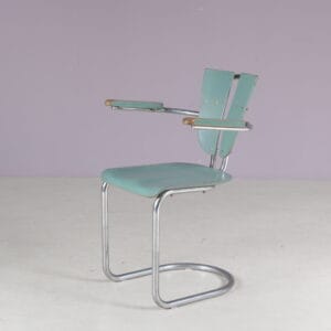 m28265 1950s Rare chrome metal pipe frame with wood side chair Lemafa Den Haag, Netherlands