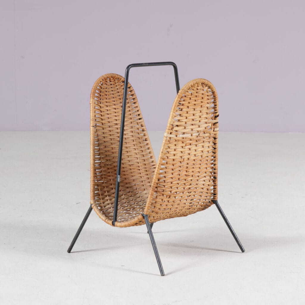 m28234 1950s Magazine rack in black metal with rattan rack attributed to Carl Auböck Illums Bolighus, Denmark