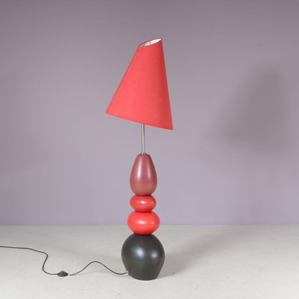 1970s XL Ceramic floor lamp with red fabric hood / Francois Chatain / France