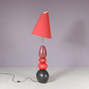 1970s XL Ceramic floor lamp with red fabric hood / Francois Chatain / France