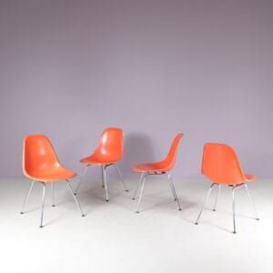 1960s Dining chairs in orange fiberglass on chrome metal H-base / Charles & Ray Eames / Herman Miller, USA