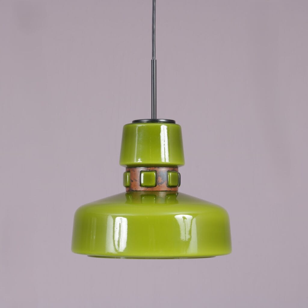 1970s Green glass hanging lamp with copper details by Victor Berndt for Flygsfors, Sweden