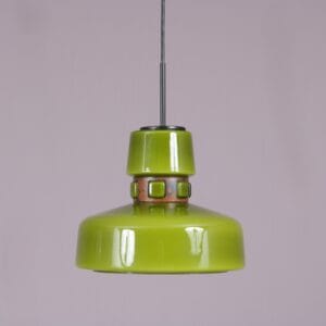 1970s Green glass hanging lamp with copper details by Victor Berndt for Flygsfors, Sweden