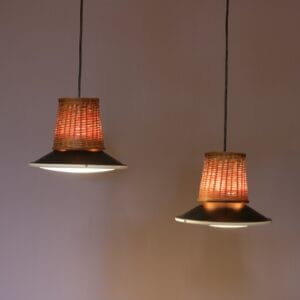 1950s set of 2 hanging lamps wicker/black metal/glass