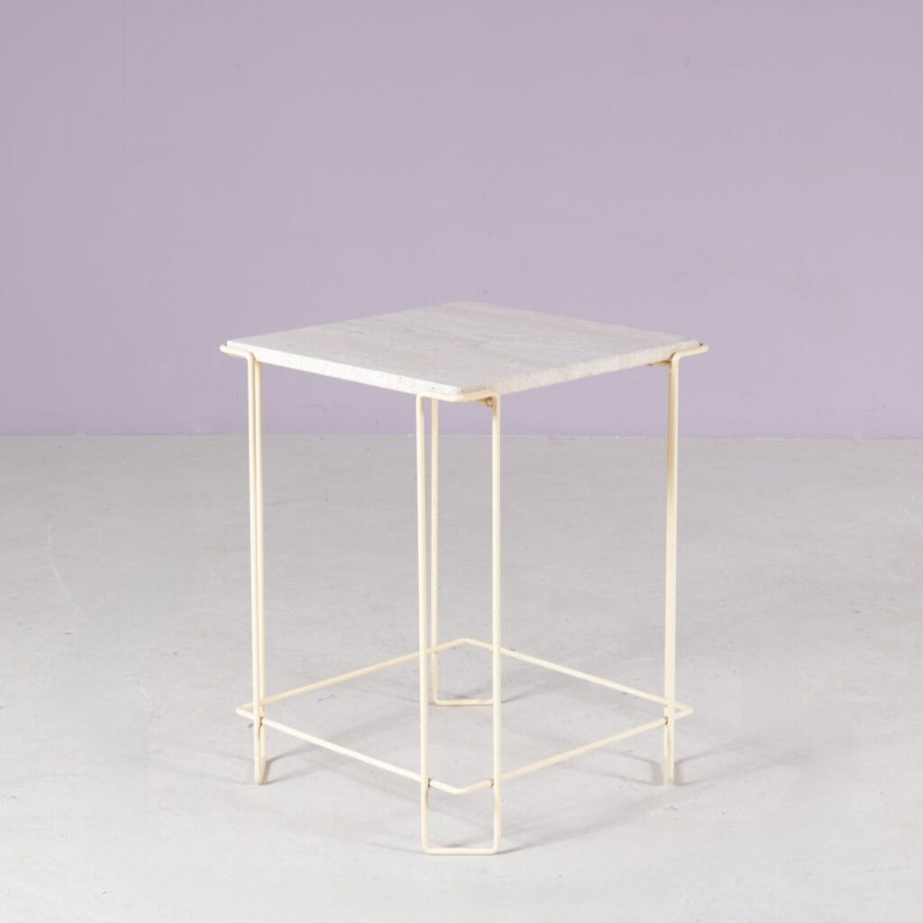 1980s side table beige metal frame with travertin top in the style of Max Sauze