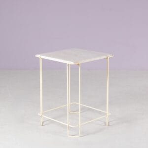 1980s side table beige metal frame with travertin top in the style of Max Sauze