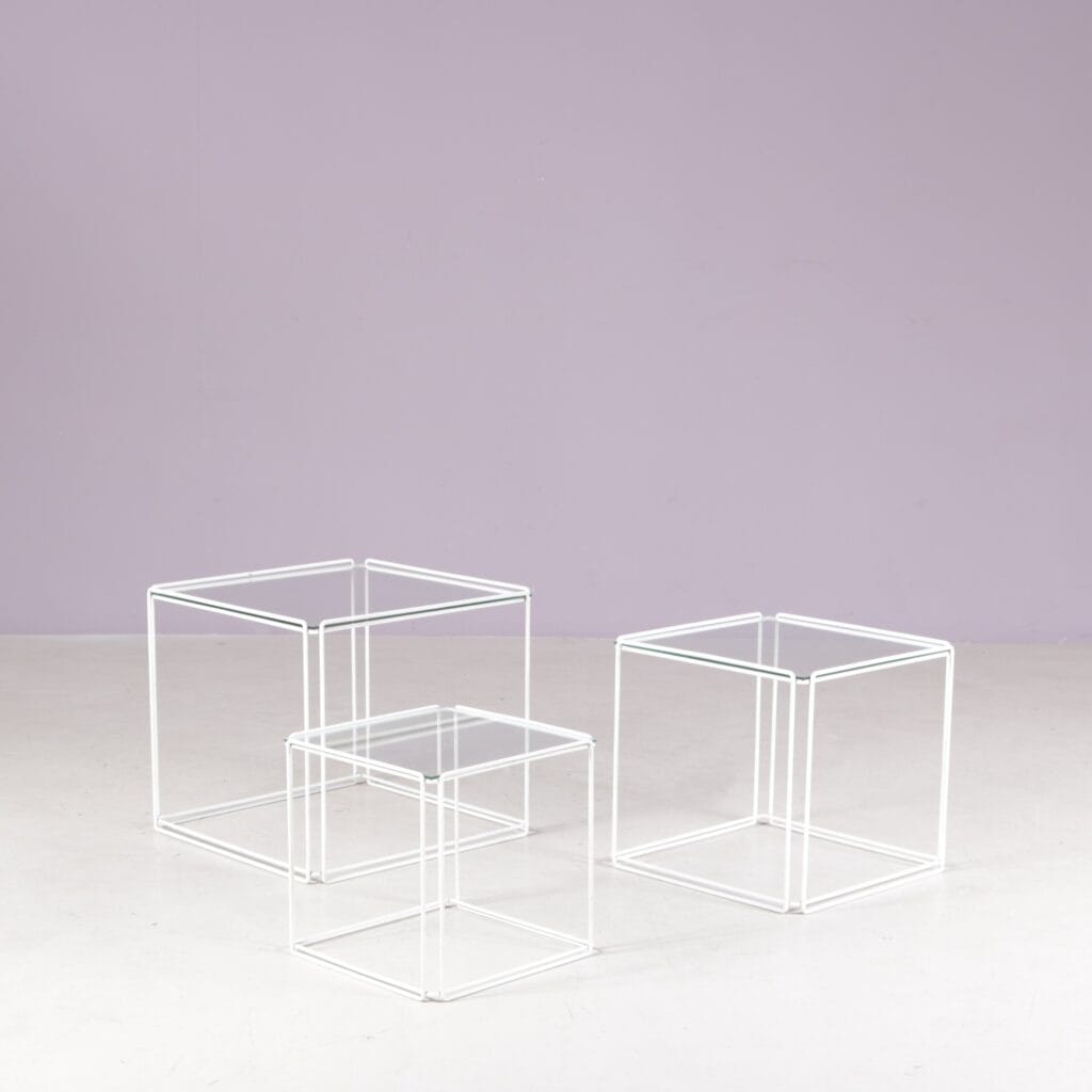 1970s set of 3 Isocele nesting tables white metal with glass tops Max Sauze France