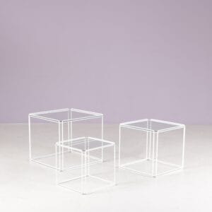1970s set of 3 Isocele nesting tables white metal with glass tops Max Sauze France