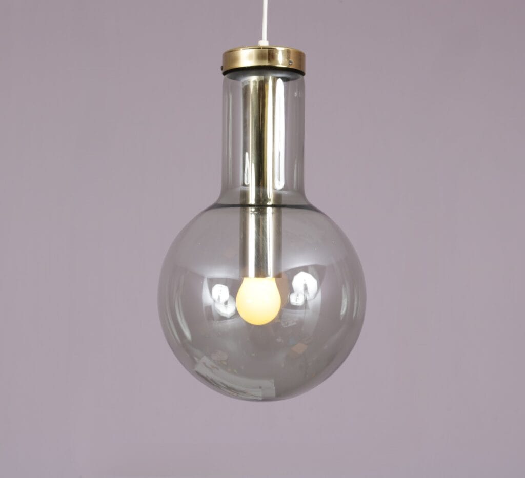 1960s Hanging lamp "Maxi Globe" in glass with golden plated metal / Frank Ligtelijn / Raak, Netherlands