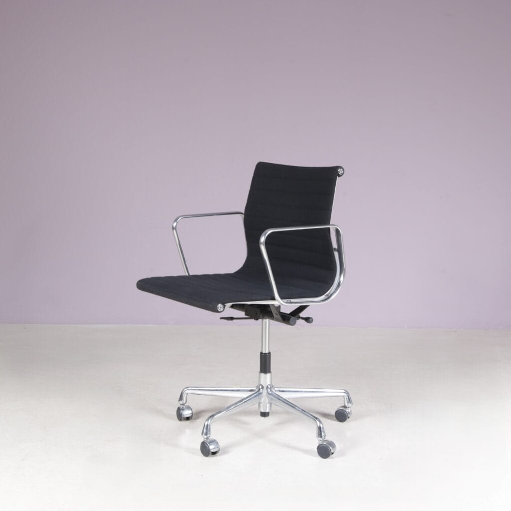2000s Desk chair model EA118, chrome base with black hopsack upholstery and aluminium armrests / Charles & Ray Eames / Vitra, Germany