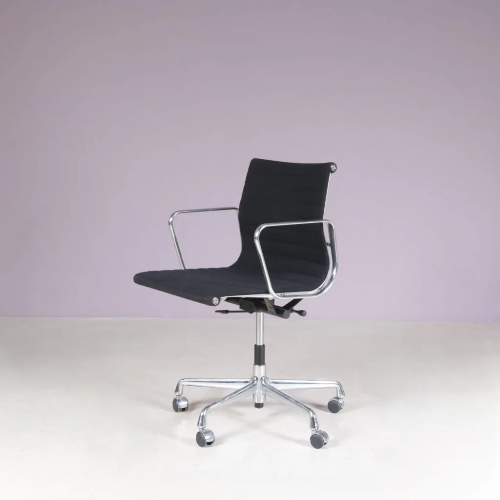 2000s Desk chair model EA118, chrome base with black hopsack upholstery and aluminium armrests / Charles & Ray Eames / Vitra, Germany